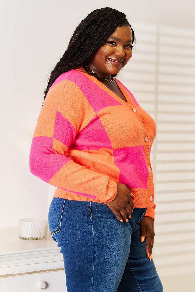 Angel Wings Woven Right Checkered V-Neck Dropped Shoulder Cardigan - Brittney MADE