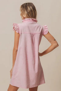 BiBi Washed Button Down Ruffled Cap Sleeve Denim Dress - Brittney MADE