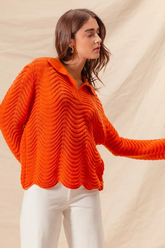 SO ME Notched Collar Wavy Texture Sweater Top - Brittney MADE