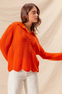 SO ME Notched Collar Wavy Texture Sweater Top - Brittney MADE