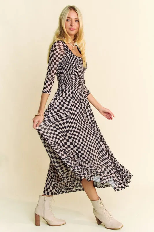Davi & Dani Printed Checker Mesh Flowy Maxi Dress - Brittney MADE