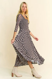 Davi & Dani Printed Checker Mesh Flowy Maxi Dress - Brittney MADE