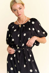Davi & Dani Polka Dot Puff Sleeves Waist Tie Midi Dress - Brittney MADE