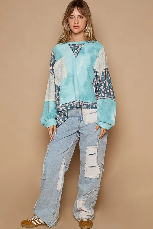 POL Floral Patchwork Round Neck Knit Top - Brittney MADE