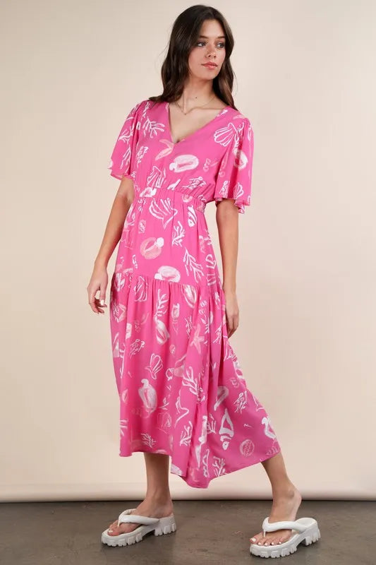 VERY J Printed V-Neck Resort Midi Dress - Brittney MADE