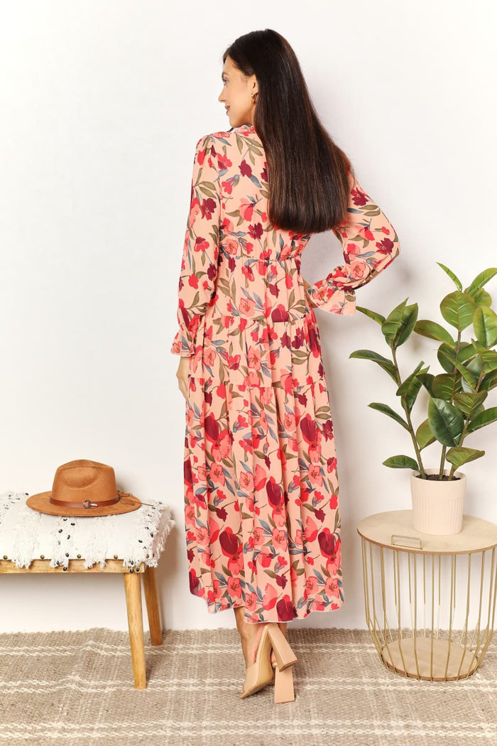 Double Take Floral Frill Trim Flounce Sleeve Plunge Maxi Dress - Brittney MADE