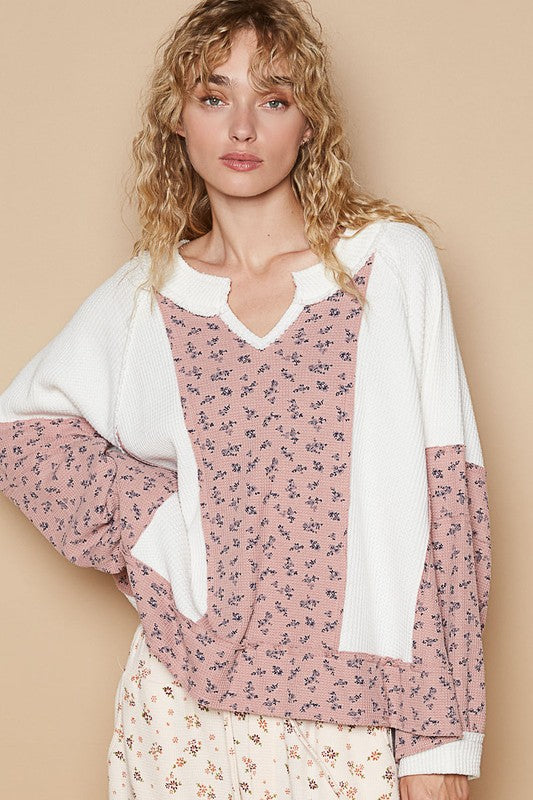 POL Waffle Knit Floral Notched Long Sleeve Top - Brittney MADE