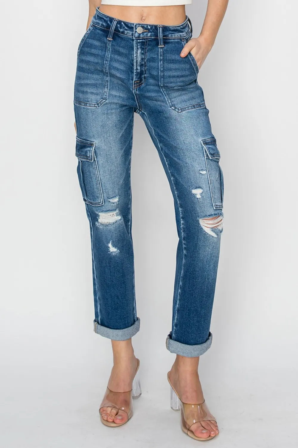 RISEN Full Size High Rise Cargo Ankle Roll Up Straight Jeans - Brittney MADE