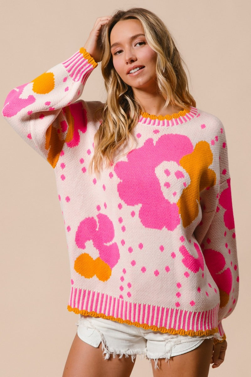BiBi Flower Pattern Contrast Sweater - Brittney MADE