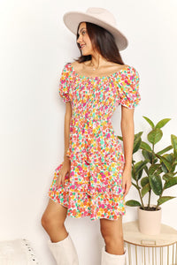 Devine Smocked Sweetheart Neck Flounce Sleeve Mini Dress - Brittney MADE