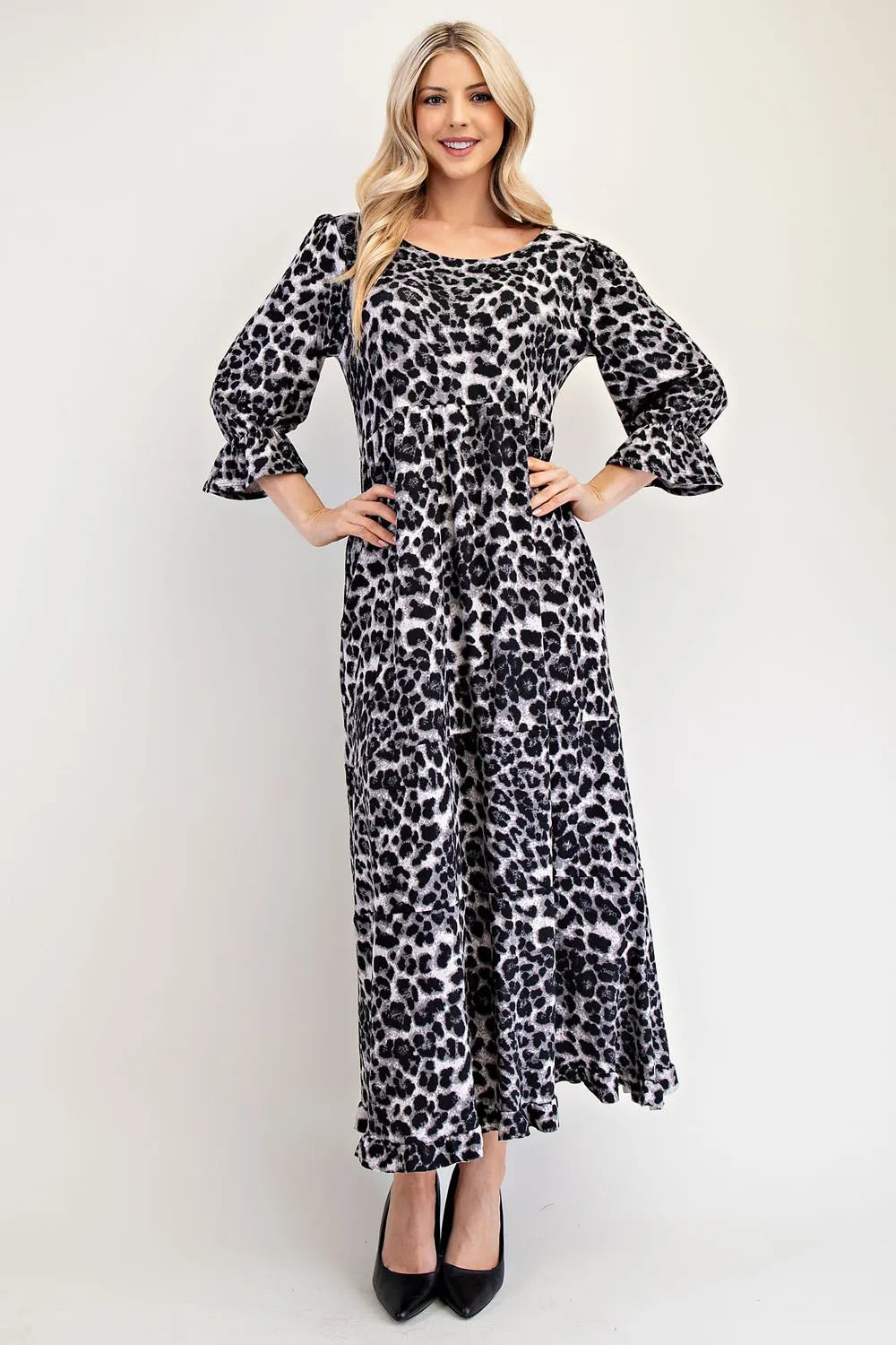 Celeste Full Size Leopard Round Neck Flounce Sleeve Dress - Brittney MADE