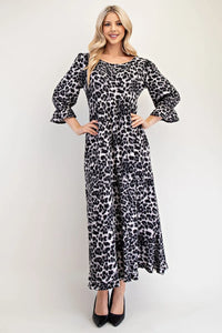 Celeste Full Size Leopard Round Neck Flounce Sleeve Dress - Brittney MADE