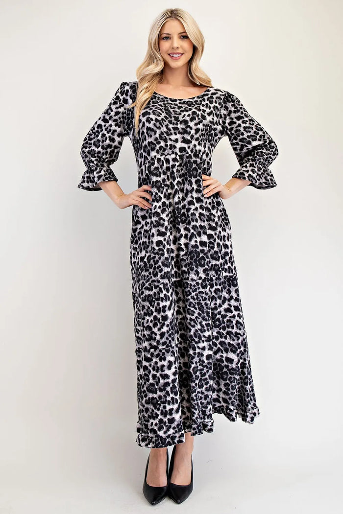 Celeste Full Size Leopard Round Neck Flounce Sleeve Dress - Brittney MADE
