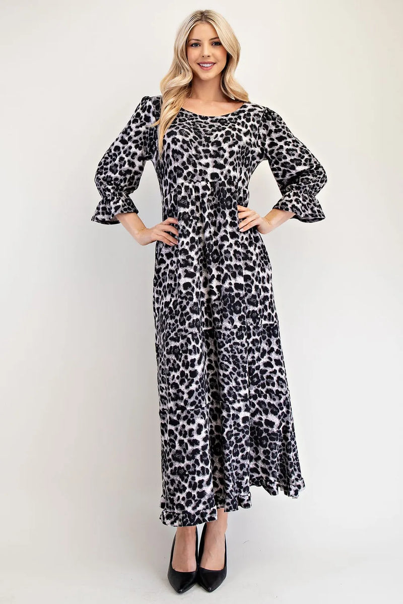 Celeste Full Size Leopard Round Neck Flounce Sleeve Dress - Brittney MADE