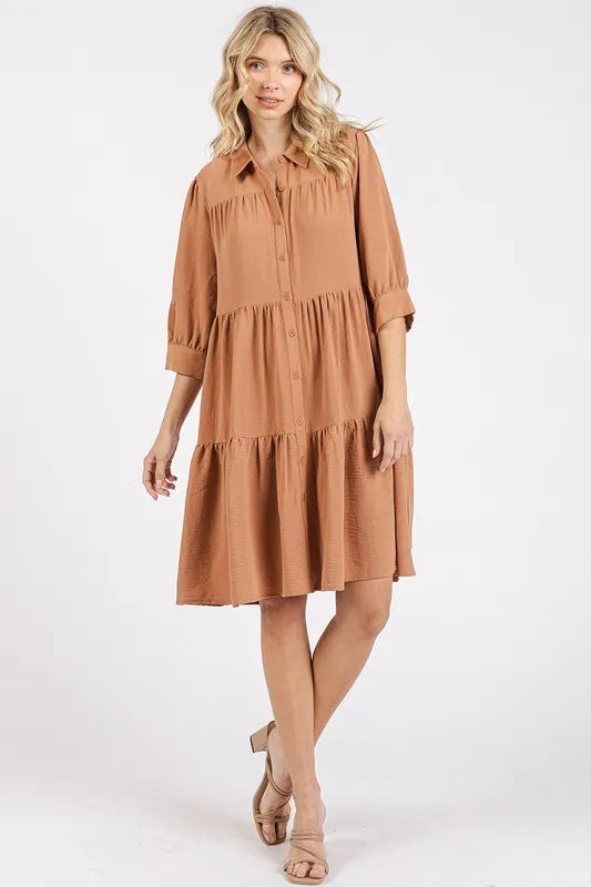 Mittoshop Button Detail Collared Neck Tiered Shirt Dress - Brittney MADE
