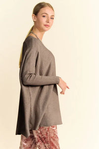 Davi & Dani Round Neck Dropped Shoulder Long Sleeve Knit Top - Brittney MADE