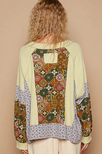 POL Exposed Seam Printed Notched Raglan Sleeve Knit Top - Brittney MADE