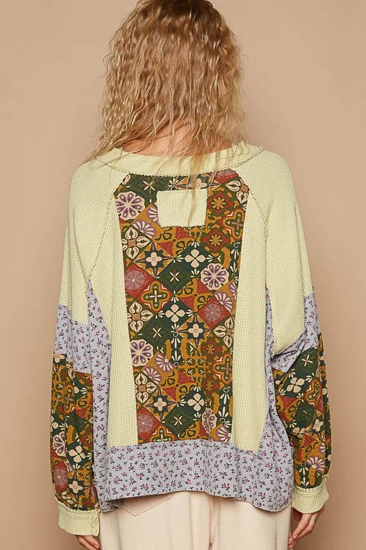 POL Exposed Seam Printed Notched Raglan Sleeve Knit Top - Brittney MADE