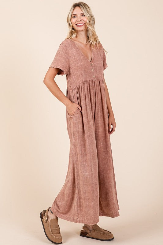 Mittoshop Mineral Wash Short Sleeve Flowy Wide Leg Jumpsuit - Brittney MADE