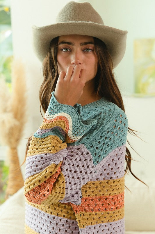BiBi Wavy Hem Openwork Contrast Round Neck Sweater - Brittney MADE
