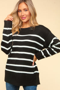 Haptics Full Size Striped Contrast Side Slit Sweater - Brittney MADE