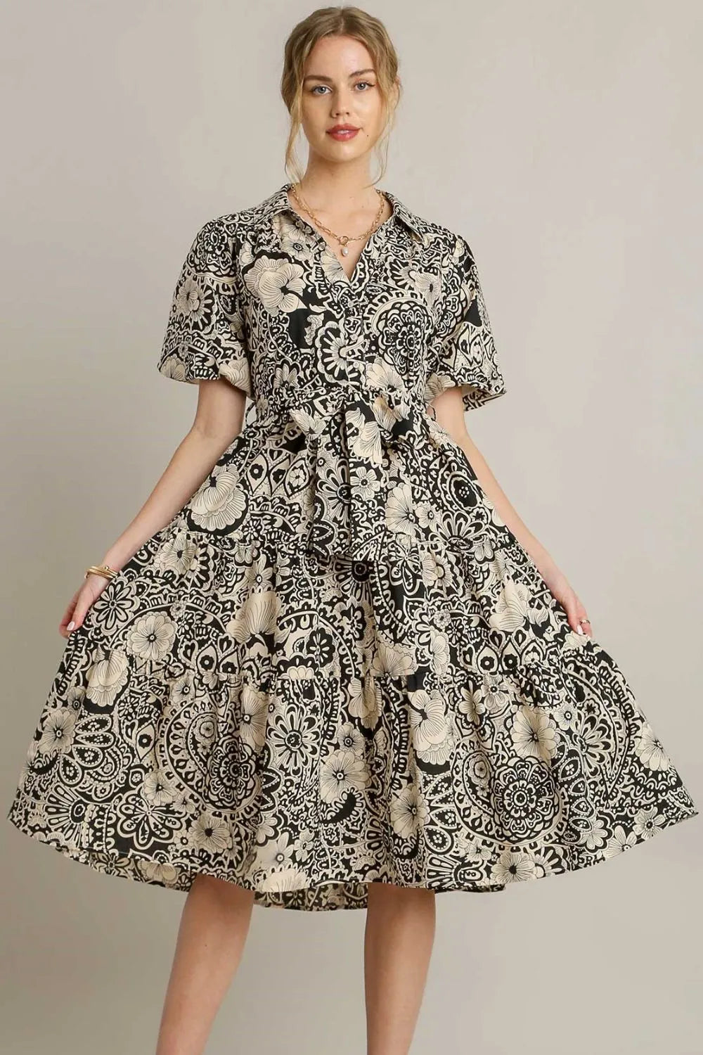 Umgee Full Size Mixed Print A-Line Tiered Midi Dress Plus Size - Brittney MADE