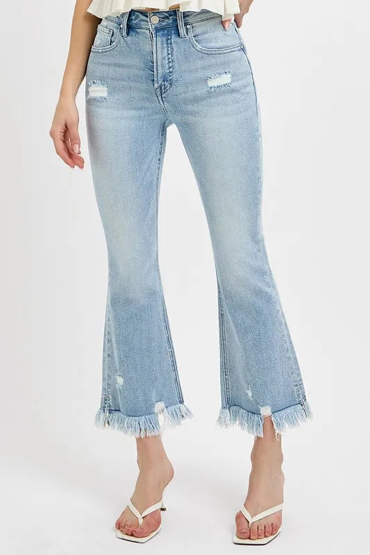 RISEN Full Size Raw Hem Distressed Cropped Flare Jeans Plus Size - Brittney MADE