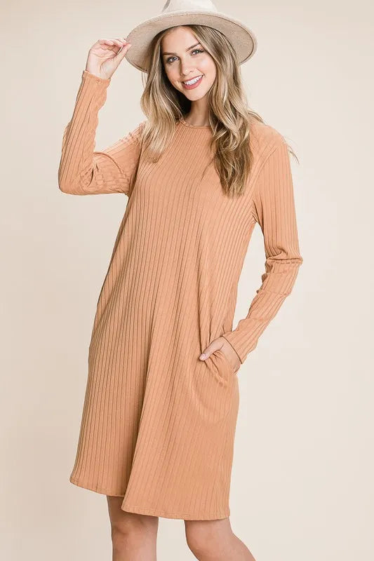 BOMBOM Round Neck Long Sleeve Ribbed Knit Dress - Brittney MADE