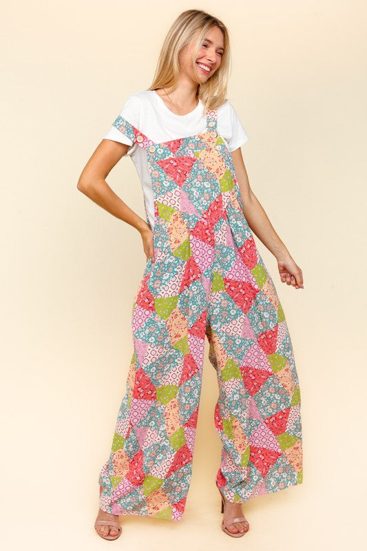 Haptics Full Size Printed Wide Leg Overalls with Side Pockets - Brittney MADE