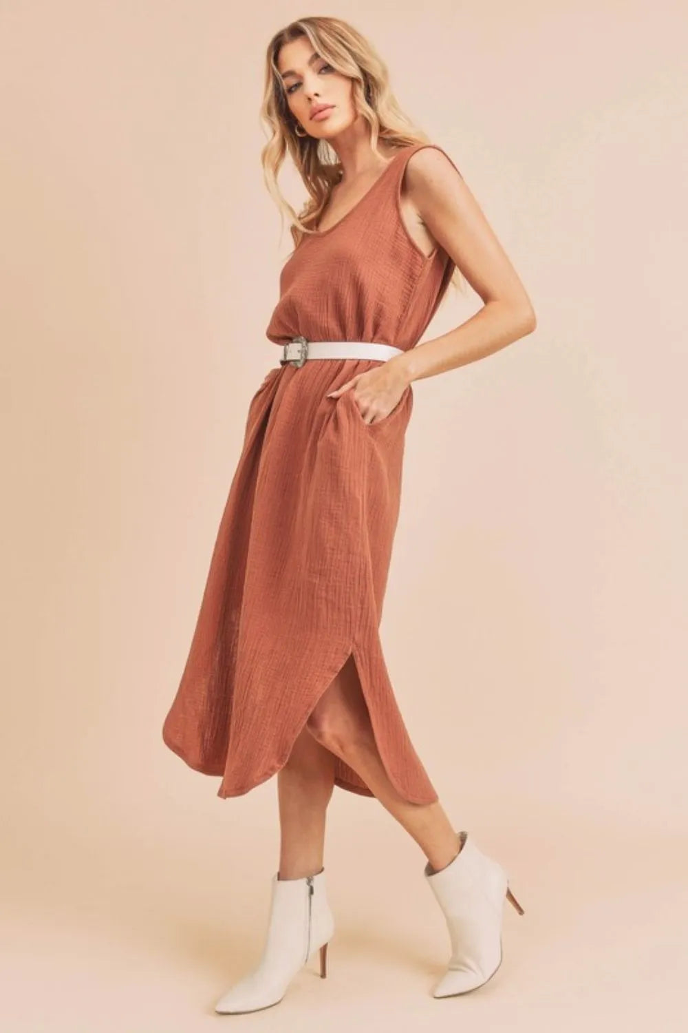 Aemi + Co Round Neck Midi Tank Dress with Pockets - Brittney MADE