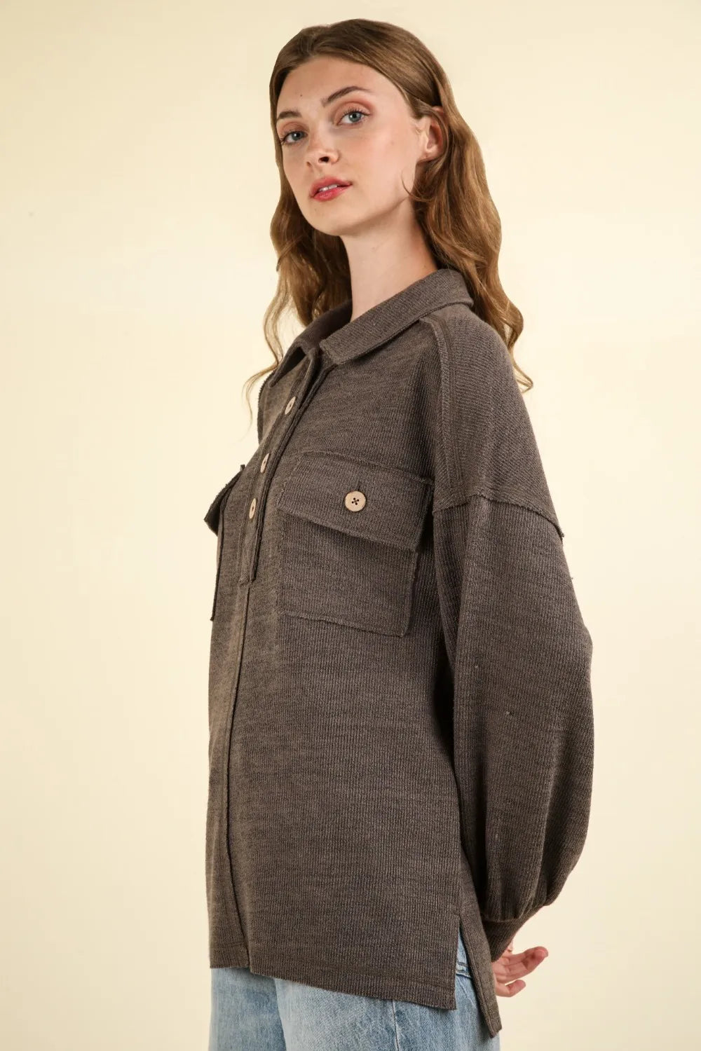 VERY J Collared Half Button Knit Top with Pockets - Brittney MADE