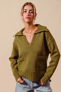SO ME Flap Collar Sweater Pullover Top with Patch Pocket - Brittney MADE
