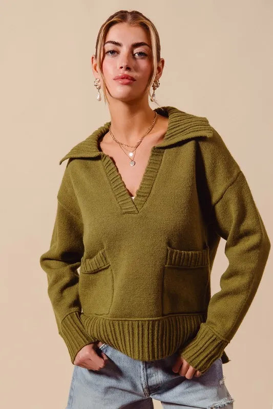 SO ME Flap Collar Sweater Pullover Top with Patch Pocket - Brittney MADE
