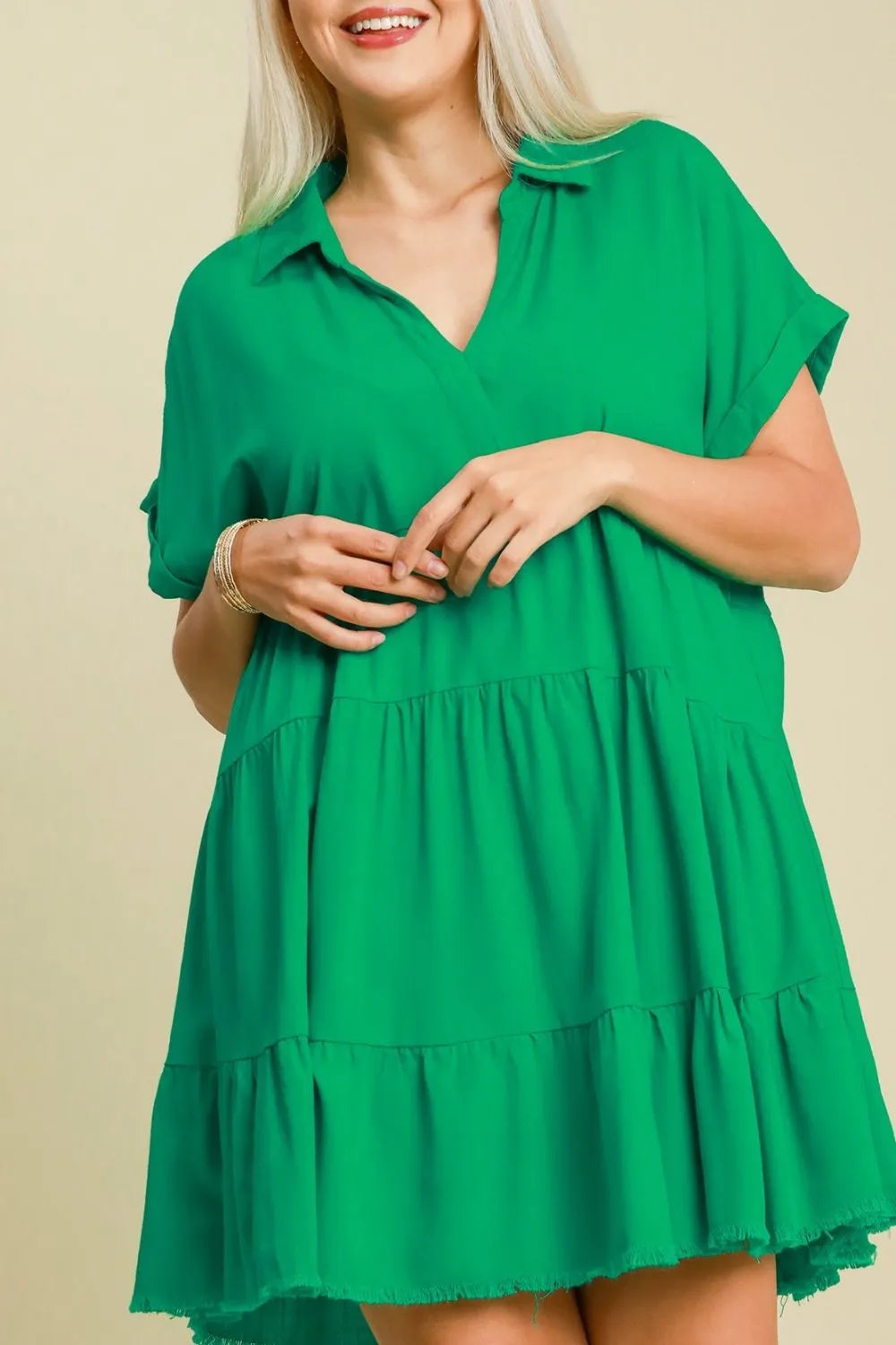 Umgee Full Size Raw Hem Folded Sleeve Tiered Dress Plus Size - Brittney MADE