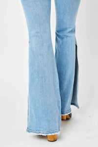 Judy Blue Full Size Mid Rise Raw Hem Slit Flare Jeans - Brittney MADE