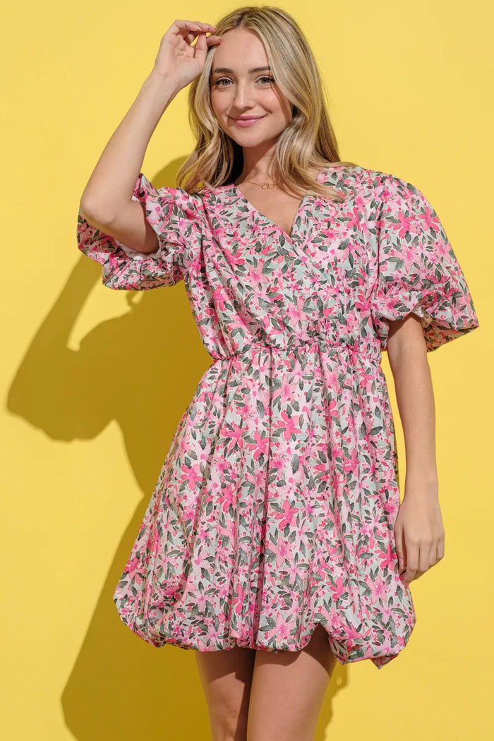 And The Why Full Size Floral Surplice Puff Sleeve Dress - Brittney MADE