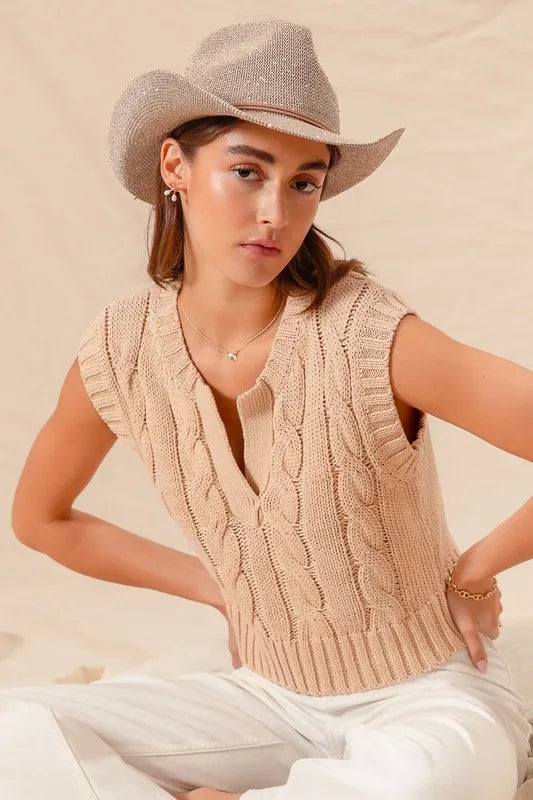 SO ME Notched Neck Cable Knit Sweater Vest - Brittney MADE