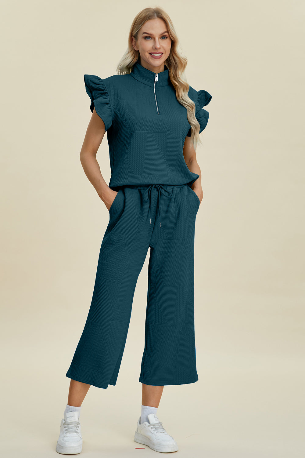 Double Take Full Size Texture Ruffle Short Sleeve Top and Wide Leg Pants Set - Brittney MADE