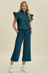 Double Take Full Size Texture Ruffle Short Sleeve Top and Wide Leg Pants Set - Brittney MADE