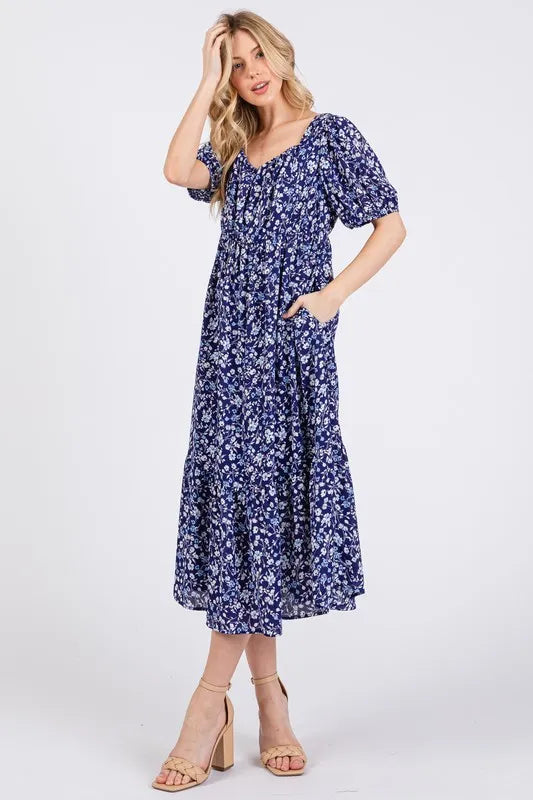 Ces Femme Floral Square Neck Puff Sleeve Midi Dress - Brittney MADE