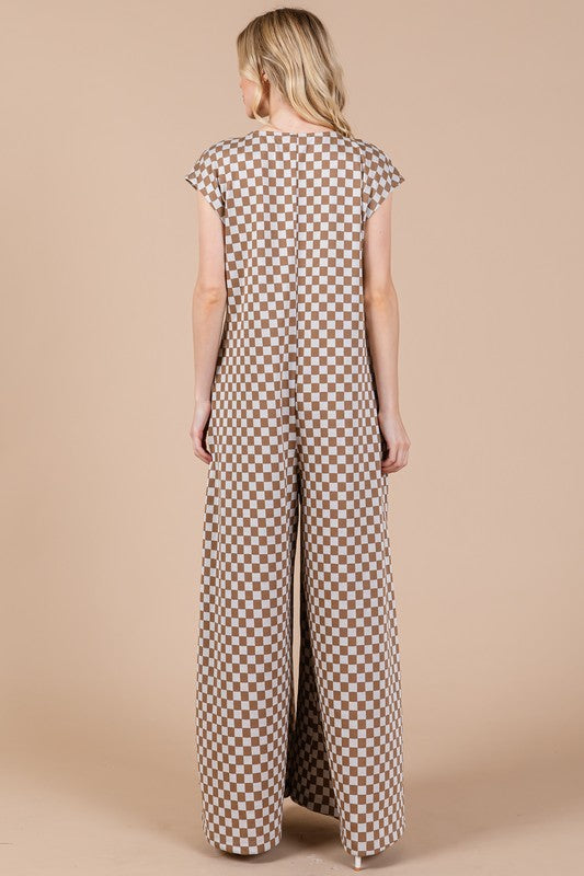 Ces Femme Checkered Half Button Cap Sleeve Jumpsuit - Brittney MADE