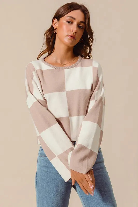 SO ME Checkered Crop Sweater with Bell Sleeves - Brittney MADE
