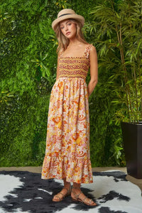 Davi & Dani Multi Smocked Bodice Geo Ruffle Strappy Midi Dress - Brittney MADE
