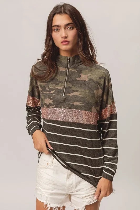 BiBi Camouflage French Terry Knit Top - Brittney MADE