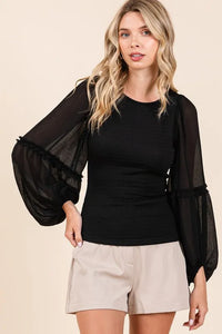 Mittoshop Mixed Media Textured Knit Chiffon Long Sleeve Top - Brittney MADE