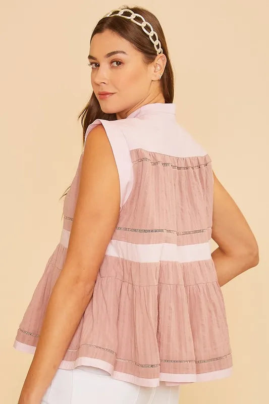 Annie Wear Contrast Trim Peplum Button Detail Blouse - Brittney MADE