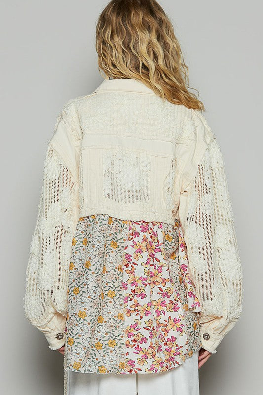 POL Floral Crochet Lace Frayed Edge Button Up Shacket - Brittney MADE
