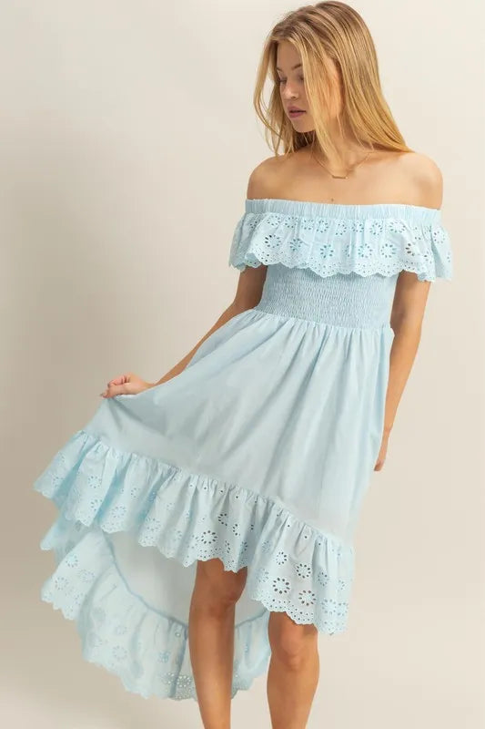 HYFVE High-Low Eyelet Ruffled Off-Shoulder Dress - Brittney MADE