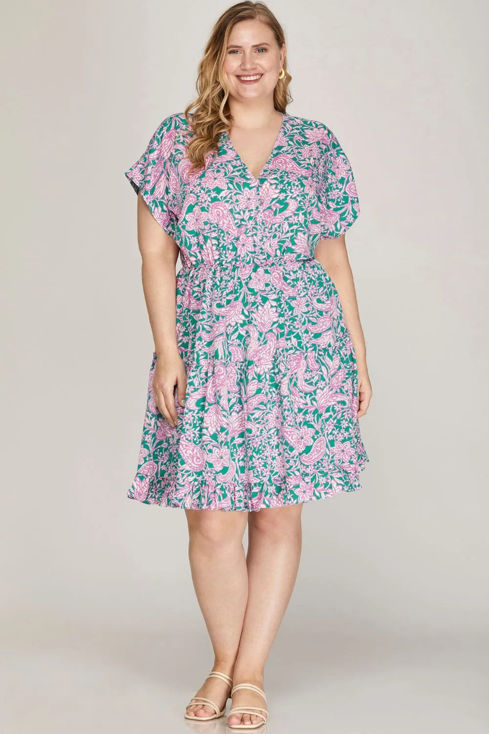 She + Sky Full Size Ruffled Hem Printed Surplice Kimono Sleeve Mini Dress Plus Size - Brittney MADE