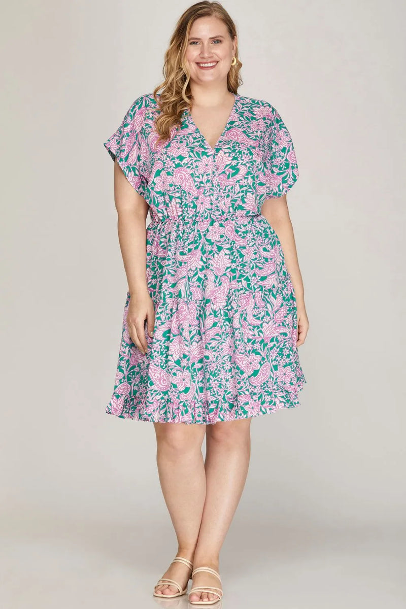 She + Sky Full Size Ruffled Hem Printed Surplice Kimono Sleeve Mini Dress Plus Size - Brittney MADE